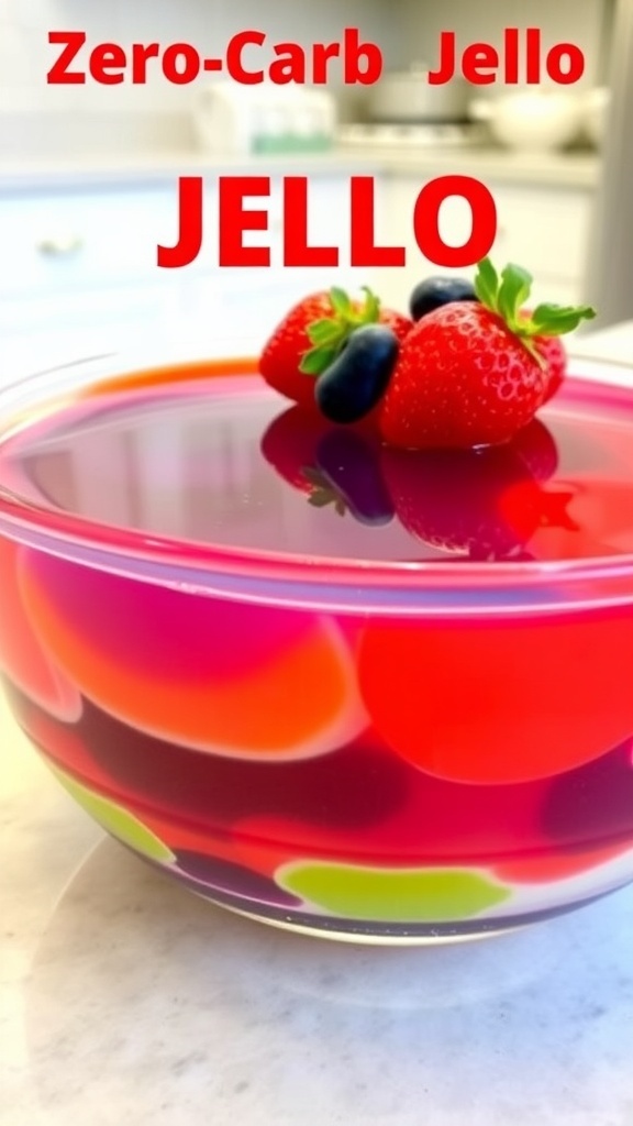Zero Carb Jello Recipe Colorful zero carb jello in a clear bowl with fresh berries on top.